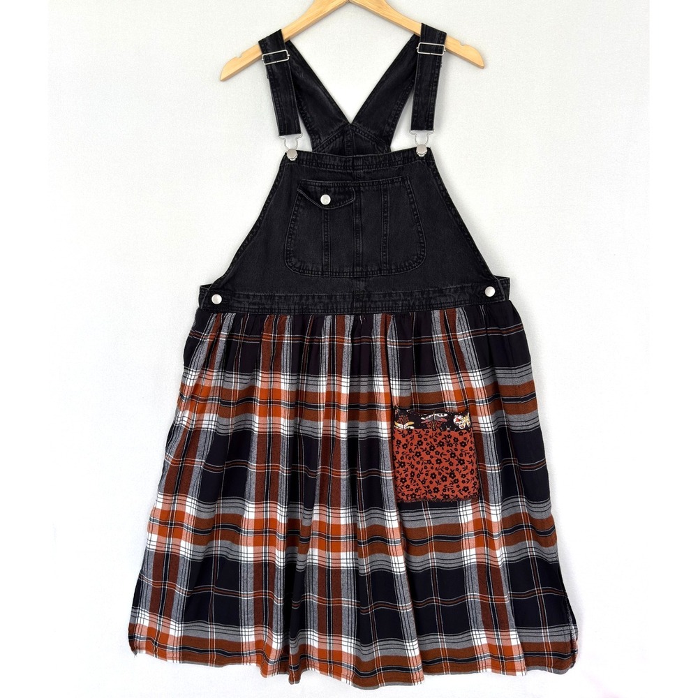 Shari B Green Upcycled Patchwork Overall Dress Denim Plaid Jumper Cottagecore